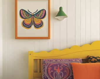 Póster de polillas coloridas y caprichosas, arte de insectos, lindas ilustraciones de insectos, decoración de entomología moderna para amantes de la naturaleza, arte de mariposas para regalo de inauguración de la casa