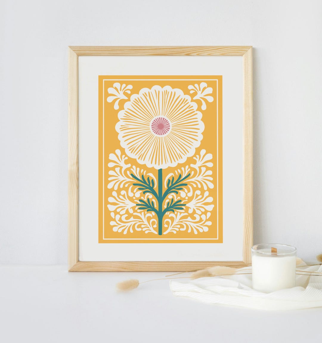 Yellow Floral Folk Art, Modern Flower Decor, Minimalist Wall Art - Etsy