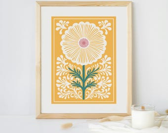 Yellow Floral Folk Art, Modern Flower Decor, Minimalist Wall Art