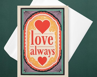Valentine’s Day Love Card, “Love Always”, Folk Art Style