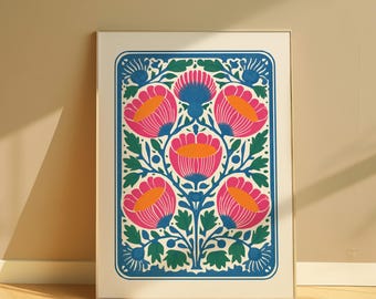Blue and Pink Folk Art Floral Poster, Colorful Flower Wall Art, Botanical Print