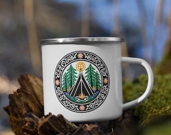 Camping Adventure Enamel Mug, Retro Campfire Coffee Cup, Outdoor Gift for Hikers