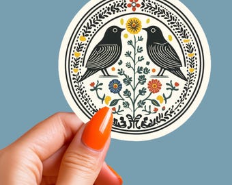 Folk Art Bird Sticker, Scandinavian Floral Decal