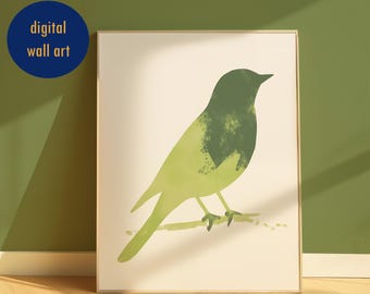 Minimalistiskt konsttryck med grön fågel, naturinspirerad poster (digital nedladdning)