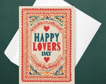 Folk Art Valentine’s Card, Happy Lovers Day, Colorful Love Greeting Card
