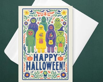 Colorful Halloween Greeting Card, Party Invitation, Monster Family Illustration