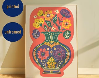 Lámina artística de jarrón floral rosa, póster de ramo de flores retro