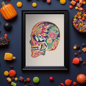 Poster con teschio colorato, stampa artistica moderna astratta, stampa rock and roll con teschio femminile, poster per feste di Halloween, poster con teschio floreale, stampa artistica da parete