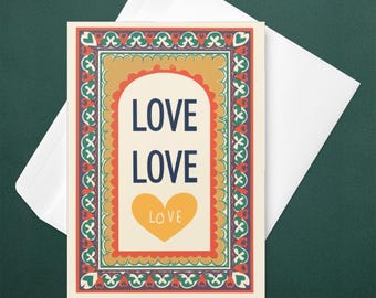 Romantic Love Card, Retro Folk Art Illustration