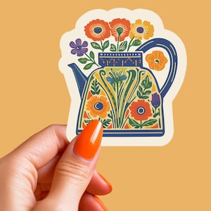 Autocollant Théière Fleurie Sticker Cottagecore Inspiré de l’Art Folk, Parfait pour les Amateurs de Thé et de Déco Cosy