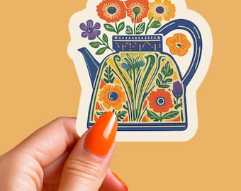 Floral Teapot Sticker, Cottagecore Folk Art Decal