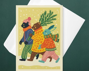 Colorful Christmas Card with Animals, Kids Holiday Stationery, Winter illustration