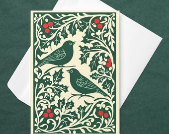 Nordic Folk Art Christmas Card: Two Birds Holiday Greeting