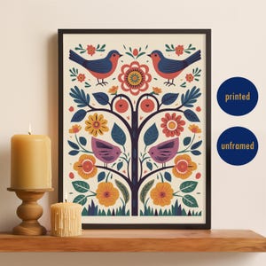 Arte scandinava colorata Uccello Arte popolare Stampa floreale retrò Arte murale nordica Camera da letto Soggiorno Decorazione per la casa Stampa di uccelli per l'ingresso Decorazione
