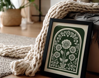 Emerald Green Boho Flower Poster, Printed Botanical Wall Art, Folk Art Print
