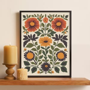 Stampa floreale autunnale, arte popolare retrò, poster botanico vintage nei colori della terra, illustrazione artistica da parete, decorazione per soggiorno