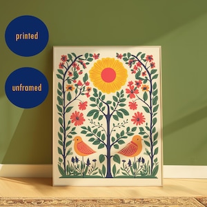 Stunning Scandinavian Folk Art Print Colourful Boho Decor for Spring Floral Poster Nordic Bird Wall Art Folk Bird Print Colorful Printed Art