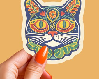 Adesivo per gatti in stile folk / Decalcomania in vinile colorato per laptop, bottiglia d'acqua
