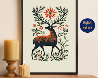 May include: A digital wall art print featuring a stylized deer with antlers, surrounded by green foliage and red flowers. The deer is dark blue with orange accents.