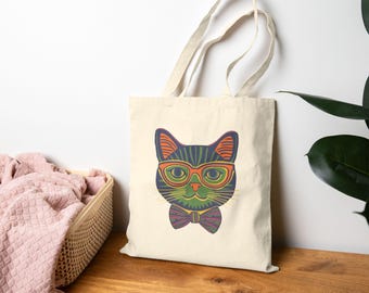 Funny Cat with Glasses Cotton Tote Bag – Colorful Cat Lover Gift