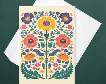 Folk Art Floral Greeting Card, Colorful Scandinavian Stationary