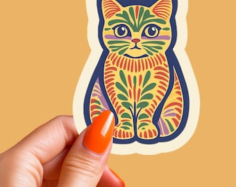Adesivo per gattini in stile folk, decalcomania per gatti colorati