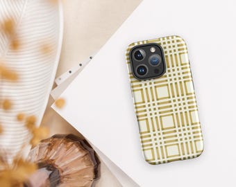 Neutral Phone Case, Tough Case for iPhone®, Olive green and Cream Geometric Grid