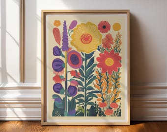 Joyful Floral Wall Art Print Colorful Abstract Flowers Folk Art & Risograph Inspired Poster