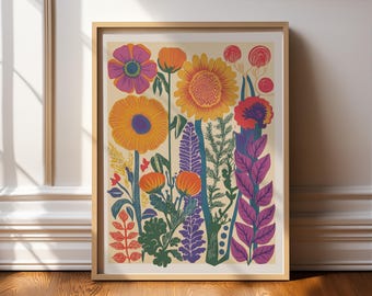 Modern Risograph Style Print, Bold Colorful Floral Art