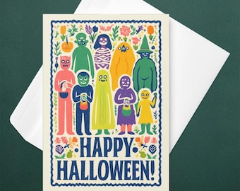 Colorful Halloween Greeting Card, Cute Monster Family Illustration