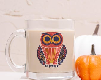 Colorful Owl Clear Glass Mug Folk Art Bird Coffee Cup Boho Nature Lover Gift Transparent Mug for Owl lovers 10oz mug
