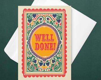 Folk Art Western Floral Congratulations Card, Retro Well Done Greeting (Blank Inside)