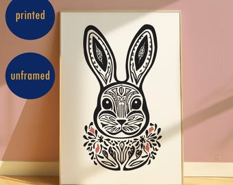 Folk Art Bunny Print, Black and White Nursery Decor