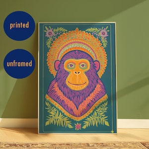 Colorful Monkey Poster for Eclectic Home Decor Quirky Print with Neon Colors Funny Monkey Art Jungle Theme Decor Gift for House Warming