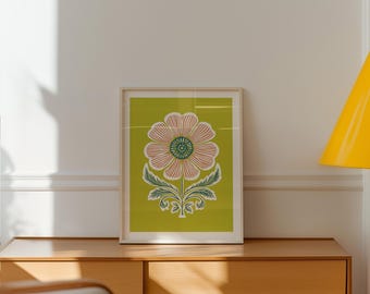 Green Floral Poster, Minimalist Botanical Wall Art, Modern Folk Art