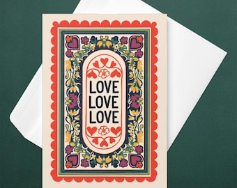Romantic Folk Art Greeting Card, Vintage Love Card