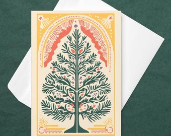 Retro Folk Art Christmas Card, Scandinavian Tree Greeting Card