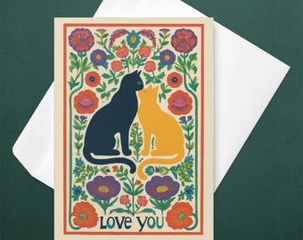 Cat Love Greeting Card for Valentine's day, Floral Love Card