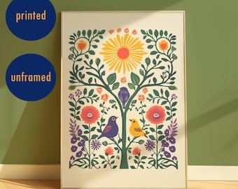 Estampado floral de aves de arte popular, decoración nórdica estilo cottagecore, decoración de pared escandinava