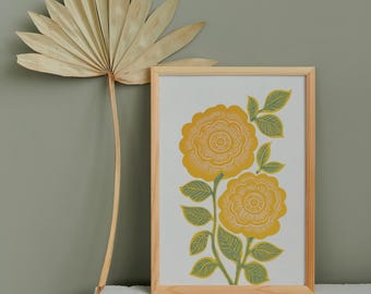 Yellow Floral Wall Art, Bright Botanical Poster, Warm Modern Home Decor