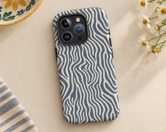 Blue Zebra iPhone Case, Abstract Wave Pattern, Retro Design (Tough Case)