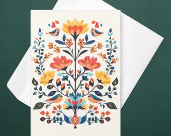 Folk Art Bird Greeting Card,  Colorful Botanical Stationery, Scandinavian Illustration