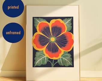 Estampado retro de amapolas, arte escandinavo colorido
