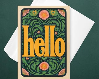 Hello Greeting Card Folk Art, Bold Floral Card, Botanical Greetings, Retro Stationery