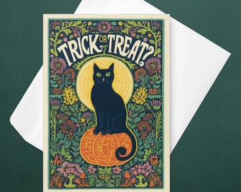 Black Cat Halloween Card, Seasonal Halloween Illustration