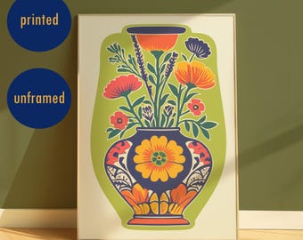 Retro Floral Vase Print | Funky Green Bouquet Poster