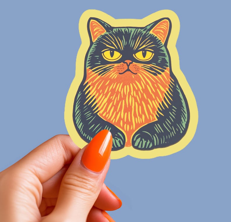 May include: A sticker of a black and orange cat with yellow eyes. The cat is sitting with its paws tucked in and has a grumpy expression.