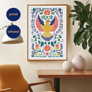 Colorful Bird Poster Folk Art Print Boho Bird Art Modern Retro Poster Flowers Art for Folksy Home decor Folk illustration Farmhouse Decor