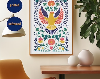 Bunter Vogel Folk Kunstdruck - Modernes Retro Wohndekor