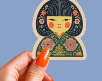 Japanese Folk Art Girl Sticker, Japan Vinyl Sticker, Cute Laptop Decal